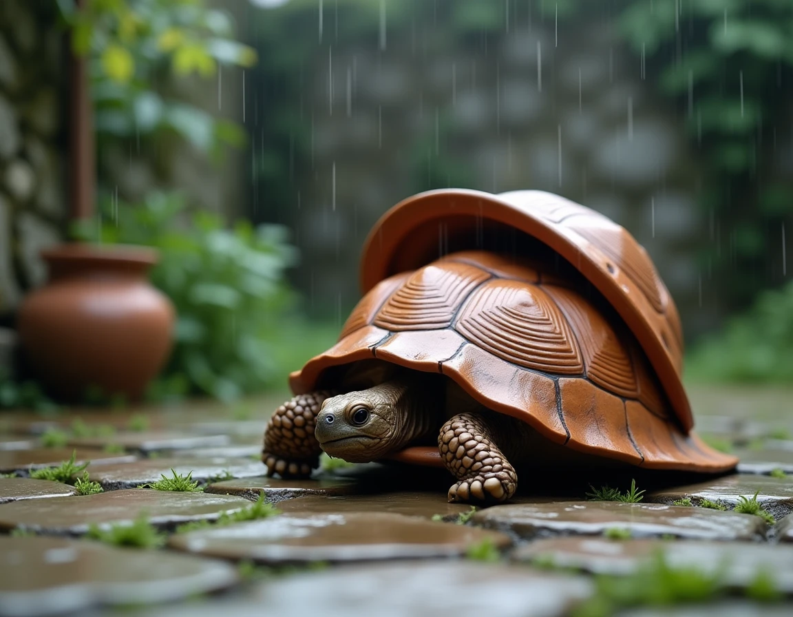 Tortue grecque abritée sous un tesson de pot en terre cuite sous la pluie dans un jardin méditerranéen