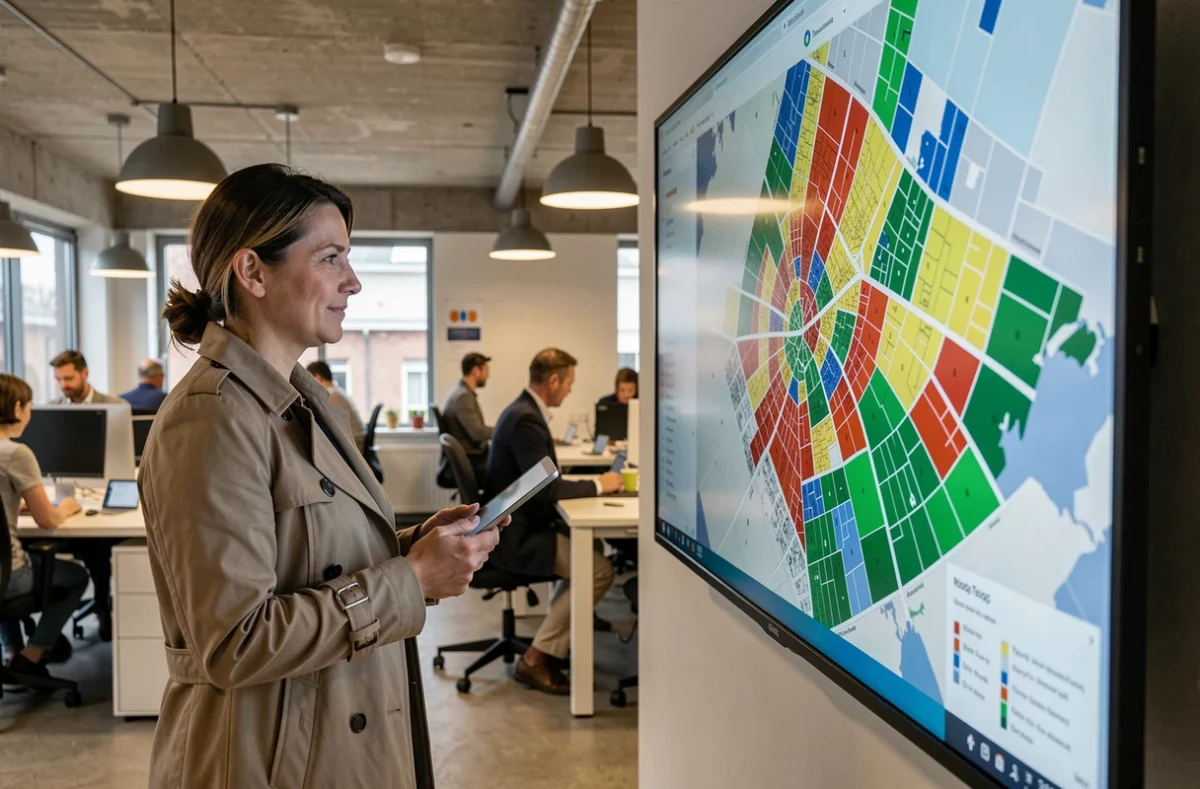 Urbaniste française analysant une carte numérique de propriété foncière urbaine dans un bureau municipal moderne en France