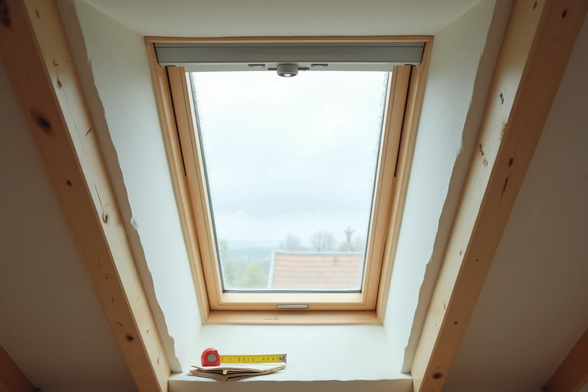 Vue intérieure d'un ancien Velux depuis un grenier aménagé montrant le cadre et le vitrage d'origine